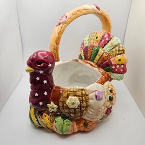 Vintage WCL Turkey Ceramic Basket Planter Fall  Patchwork Thanksgiving Decor